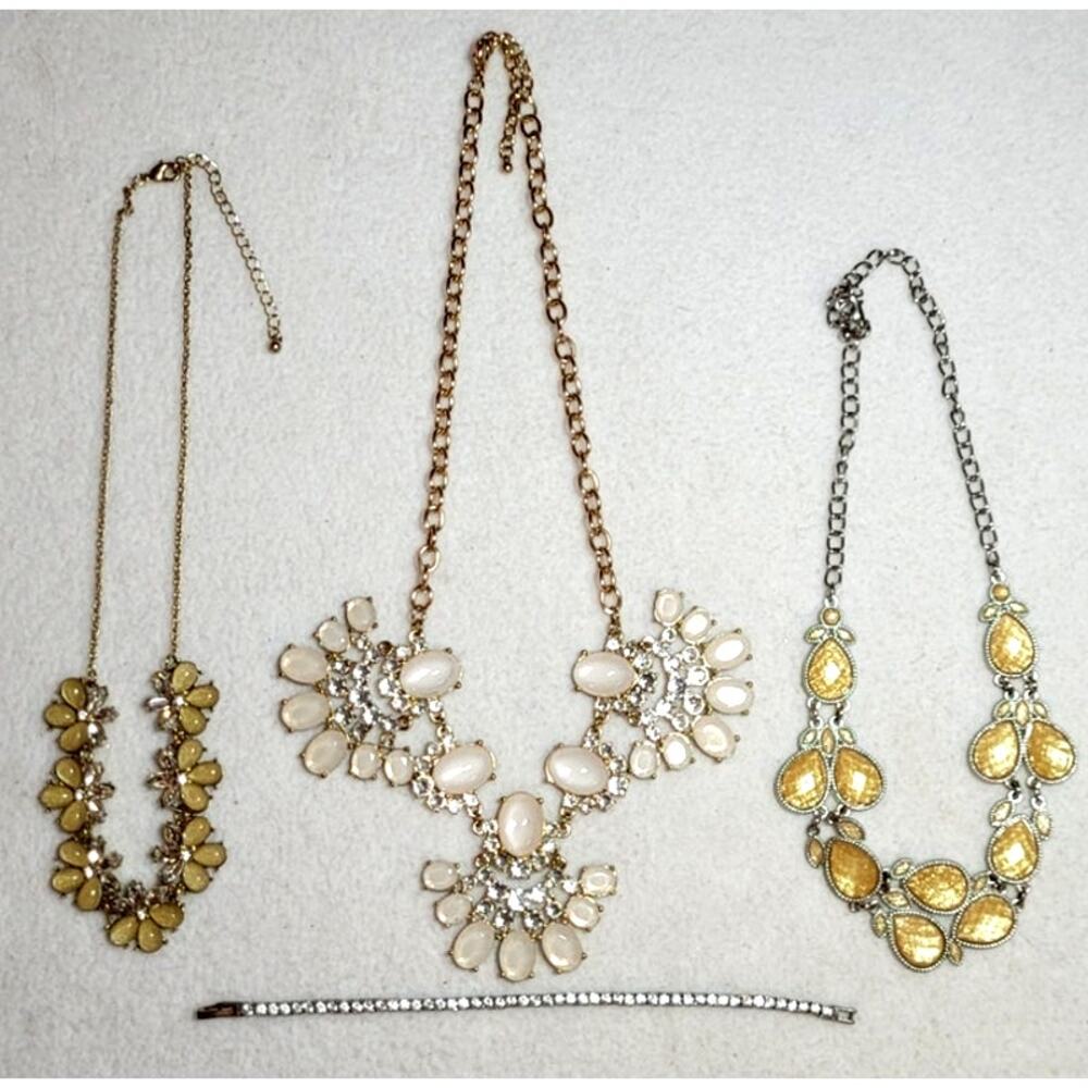 Y2K Statement Necklace Lot & Tennis Bracelet Neutral Earthtones Rhinestones